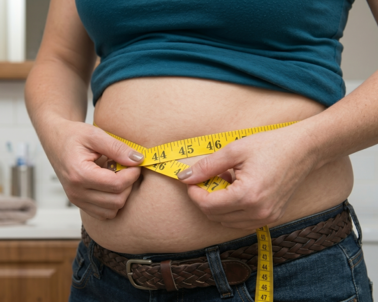 A close-up of a person using a yellow measuring tape to measure their waist circumference in a bathroom setting.