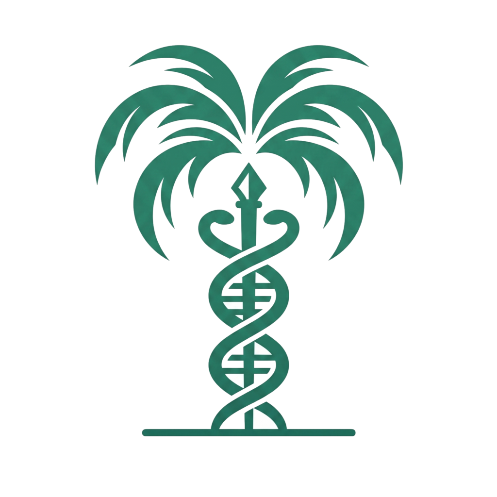 A deep green logo on a cream background featuring a palm tree that doubles as a caduceus, with a DNA double helix trunk.